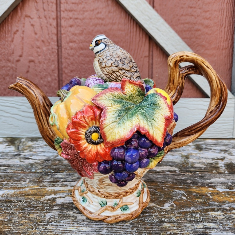 Vintage Fitz & Floyd Autumn Bounty Teapot Quail Lid Majolica Like Fall Decor